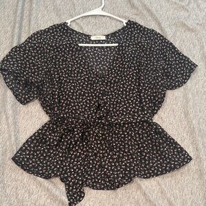 Floral Black Blouse with a Bow (Size: S)